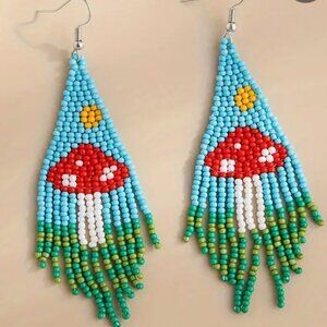 Mushroom Dangle Beaded Earrings 3.5 Inches Long